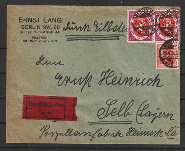 MiNr. 110 (2x), 86  auf Eilboten-Brief  BERLIN.  26.4.20   (asa1919)