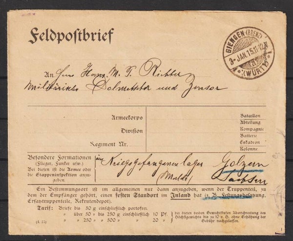 Feldpost-Brief in das Kriegsgefangenen Lager Golzen,  GIENGEN 3.JAN.15   (asfp)