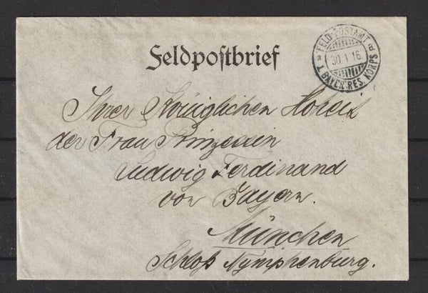 Feldpost-Brief an "Ihre Königliche Hoheit der Frau Prinzessin .."  30.1.16  (asfp)