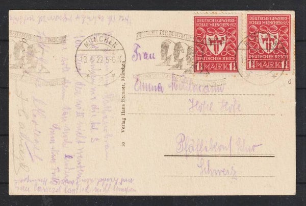 MiNr. 199 d portogerechte MeF auf AK München, MÜNCHEN 13.6.22, geprüft (asgm04)