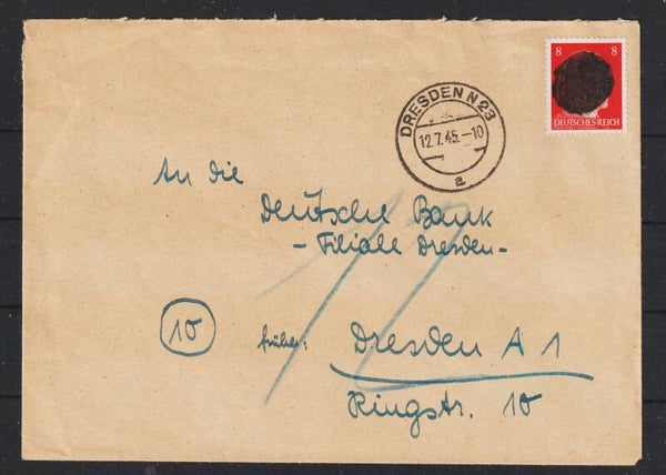 Sächsische Schwärzung A.H. MiNr. 786 auf Brief DRESDEN 12.7.45 (aslo)