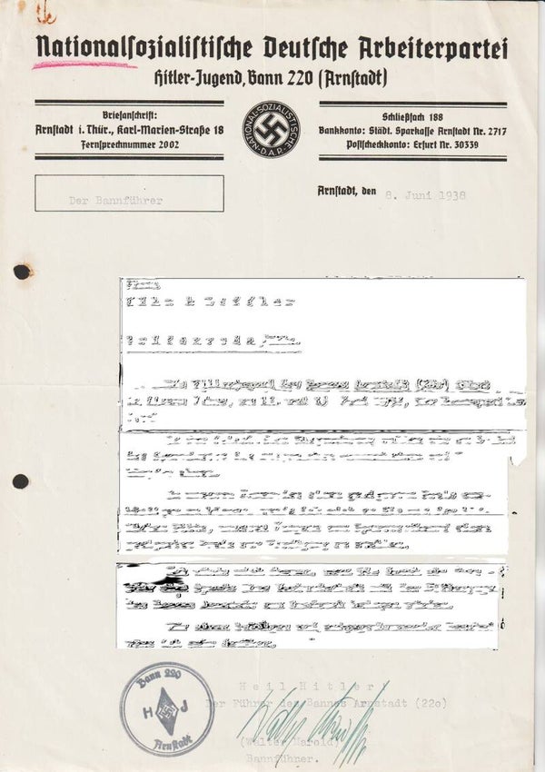 Dokument der NSDAP, Unterschrift vom Bannführer 220 aus Arnstadt (aslo)