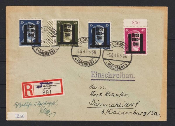 Glauchau, MiNr. 13, 14, 15 auf R-Brief  WALDENBURG 6.8.45 (aslo)