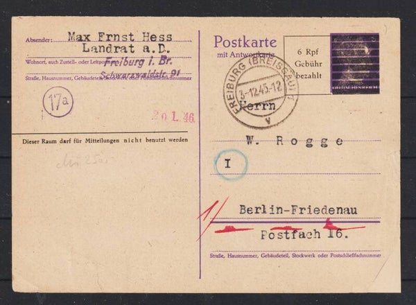 Ganzsache 6 Pfennig  "Schwärzung" FREIBURG (BREISGAU)  3.12.45  (aslo)