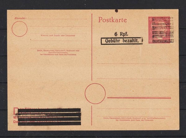 Ganzsache DR P 314 II durchbalkt, 6 Rpf. Gebühr bezahlt (aslo)