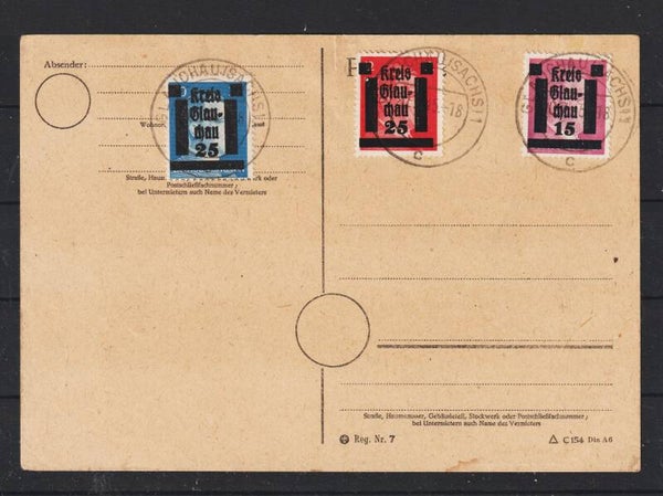 Glauchau, MiNr. 5, 7, 10 auf Postkarte 10.7.45 (aslo)