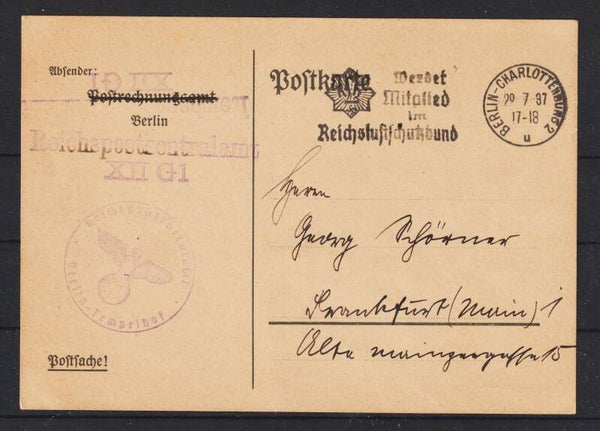 Postkarte vom Reichszentralpostamt XIIG BERLIN 29.7.37  (aslo)