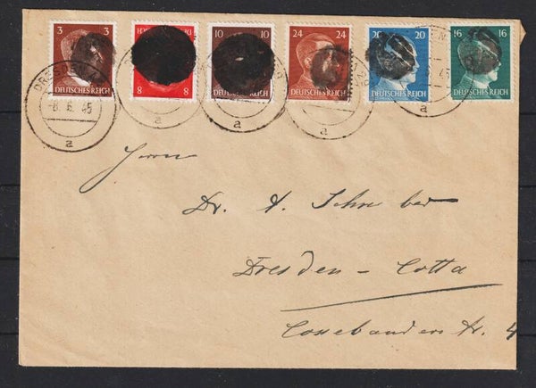 Sächsische Schwärzung A.H. MiNr. 782, 786, 790, 791, 792, 826 auf Brief DRESDEN  8.6.45 (aslo)