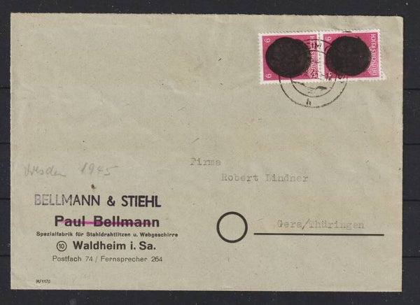 Sächsische Schwärzung A.H. MiNr. 785 auf Brief  WALDHEIM 18.8.45   (aslo)