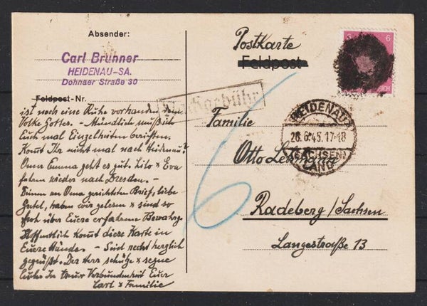 Sächsische Schwärzung A.H. MiNr. 785 auf Postkarte  HEIDENAU 26.6.45  Nachgebühr (aslo)