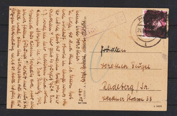 Sächsische Schwärzung A.H. MiNr. 785 auf Postkarte  PIRNA  24.6.45  Nachgebühr (aslo)