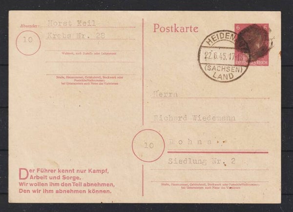 Sächsische Schwärzung auf Ganzsache,  HEIDENAU 22.6.45 (aslo)
