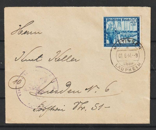 MiNr. 892 EF auf Brief  MIETINGEN 1.6.44     (aspk)