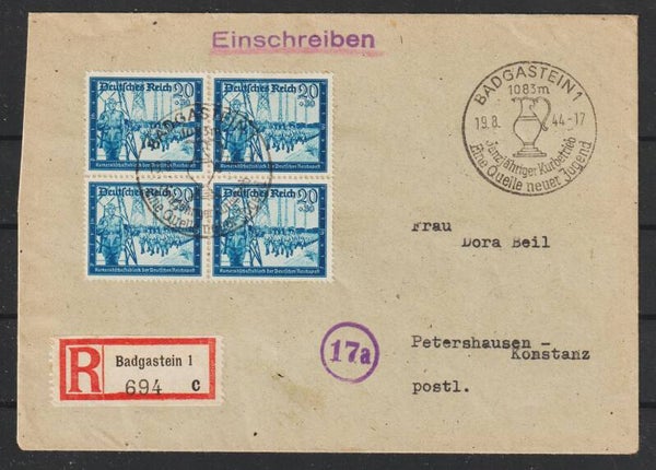 MiNr. 892 MeF auf R-Brief BADGASTEIN  19.8.44    (aspk)