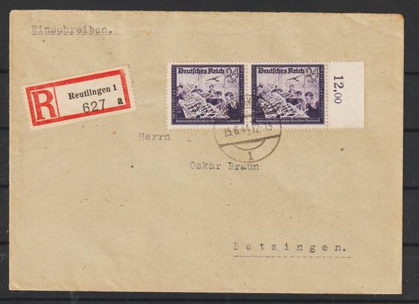MiNr. 893 MeF auf R-Brief  REUTLINGEN  15.6.44  (aspk)