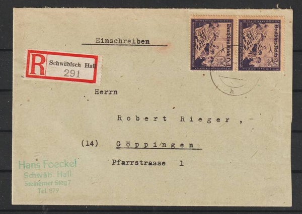 MiNr. 893 MeF auf R-Brief SCHWÄBISCH HALL nach GÖPPINGEN    (aspk)