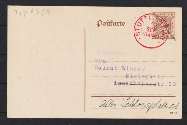 Ganzsache DP 42 Ib/15 roter Franko Stempel STUTTGART No1  19.SEP.    (asrs)