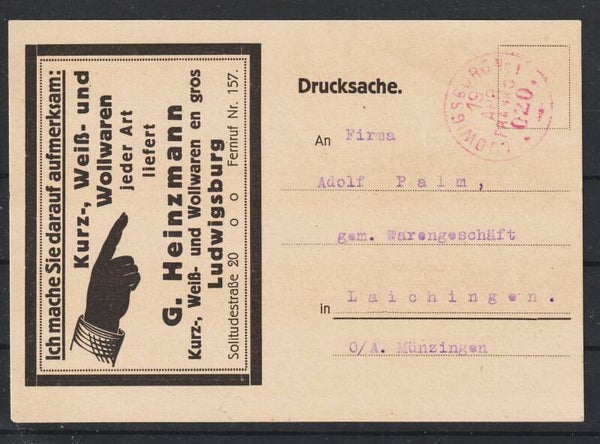 Drucksache "G. Heinzmann, Kurz-, ...." roter Franko Stempel LUDWIGSBURG No1  .19.APR.  (asrs)