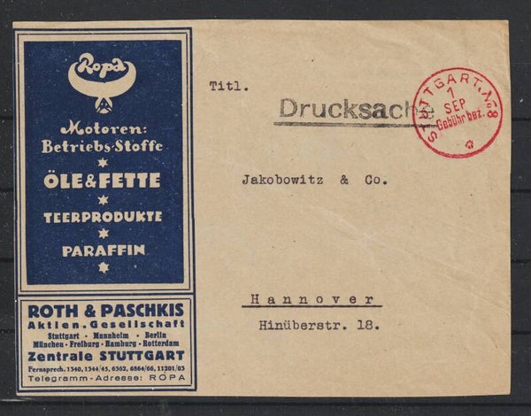 Drucksache "Motoren, Betriebsstoffe..." roter Franko Stempel STUTTGART No 8 .1.SEP.  (asrs)