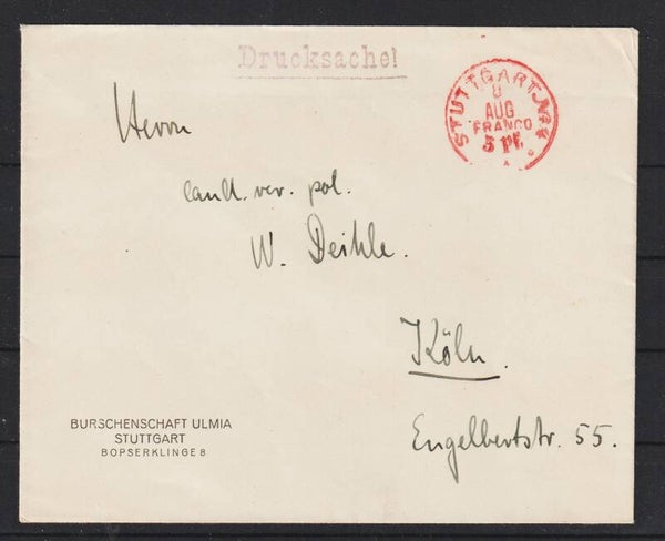 Drucksache, roter Franko Stempel STUTTGART No4  8.AUG.  (asrs)