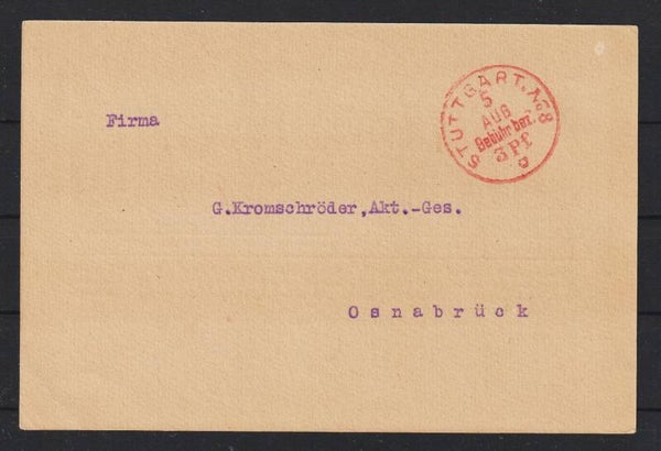 Drucksache, roter Franko Stempel STUTTGART No8  5.AUG.  (asrs)