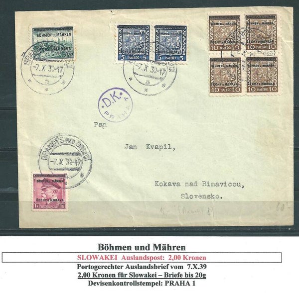 B&M MiNr. 1 (2x), 2 (4x), 7, 10 portogerechte MiF auf Brief vom 7.X.39