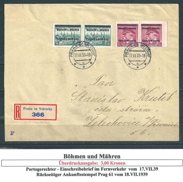 B&M MiNr. 7 (2x), 10 (2x) portogerechte MiF auf R Brief  17.VII.39