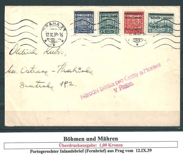B&M MiNr. 1, 3, 4, 7 portogerechte MiF auf Inlandsbrief vom 12.IX.39