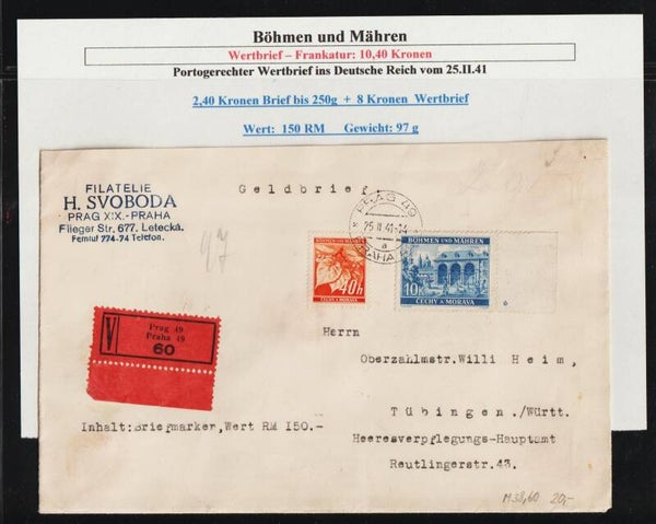 B&M portogerechter Wertbrief vom 25.II.41 nach Tübingen