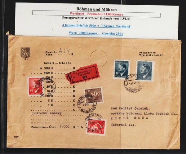 B&M portogerechter Wertbrief vom 1.VI.43 nach Taborska