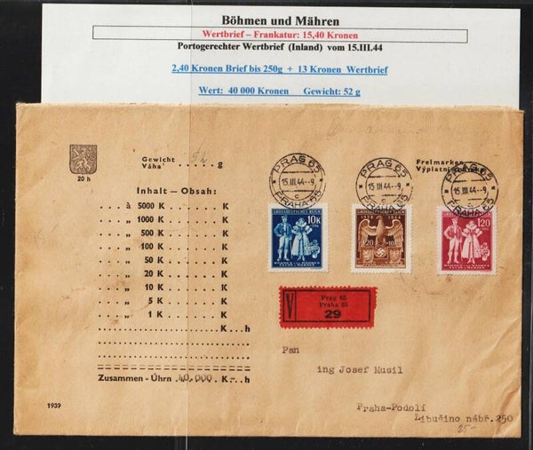 B&M MiNr. 133-135 auf portogerechten Wertbrief vom 15.III.44