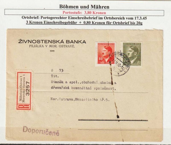B&M MiNr. 94, 102 auf portogerechten R-Brief  17.III.45