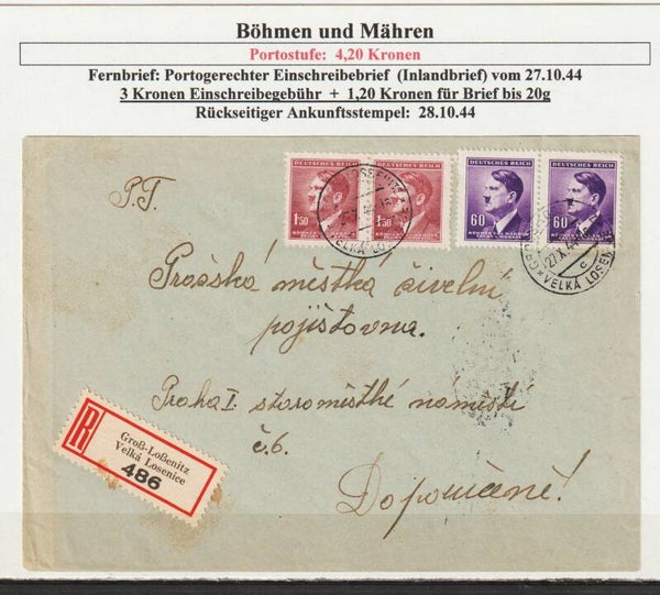 B&M MiNr. 93, 97 auf portogerechten R-Brief im Inlandsverkehr 27.X.44