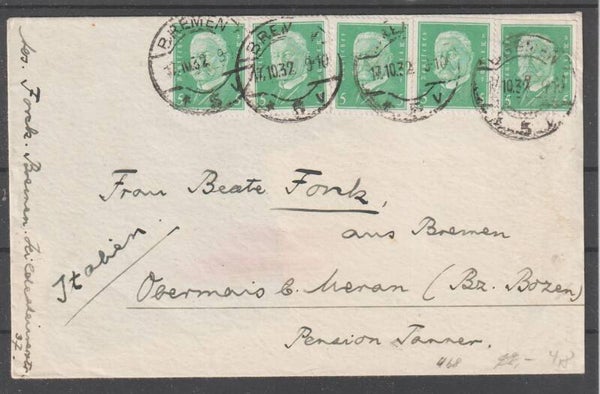 5x MiNr. 411 auf portogerechten Auslands-Brief  (b138)