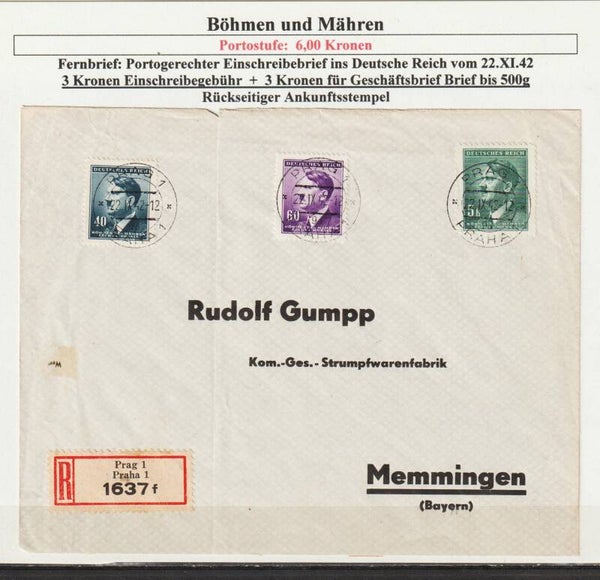 B&M MiNr. 104, 91, 93 auf portogerechten R-Brief im Fernverkehr vom 22.XI.42