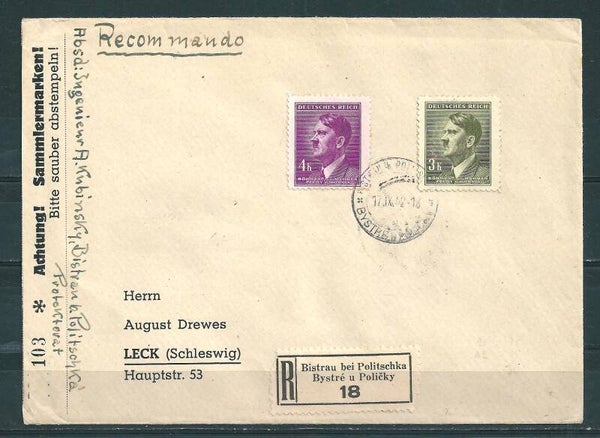 B&M MiNr. 102, 103 auf portogerechte Einschreiben Fernbrief 17.IX.42