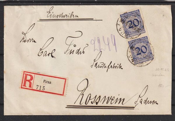 2x MiNr. 341 auf R-Brief von PIRNA nach ROSSWEIN   (b179)