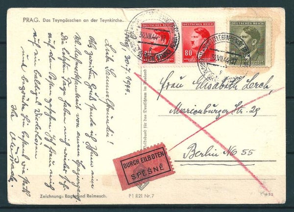 B&M MiNr. 94, 102 auf portogerechter Eilboten Postkarte  30.VII.44