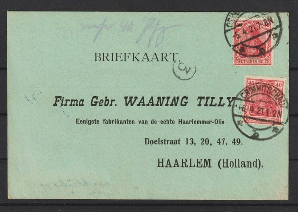MiNr. 145 MeF auf Postkarte nach Haarlem, CRIMMITSCHAU 6.4.21  (b180)