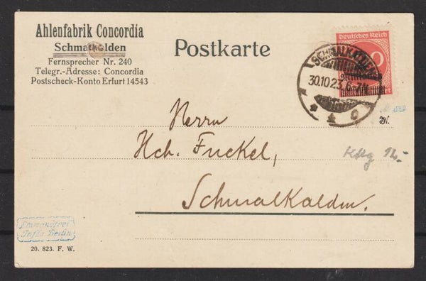 MiNr. 309 B portogerechte EF SCHMALKALDEN 30.10.23, geprüft (b181)