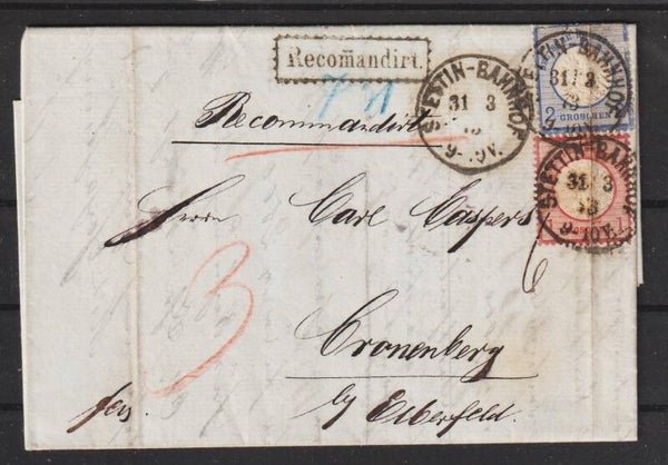 MiNr. 19 / 20 auf Reco-Brief von Stettin Bahnhof nach Cronenberg  (b184)