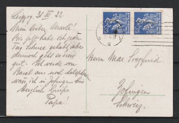 MiNr. 168 (2x) portogerechte Ansichtskarte Leipzig 31.3.22 (b215)