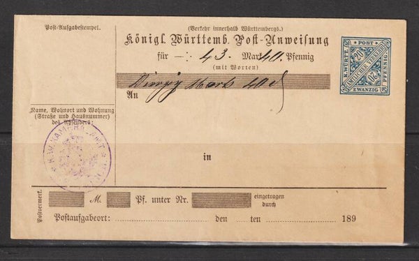 Württemberg Ganzsache Postanweisung ADU 22 (b237)