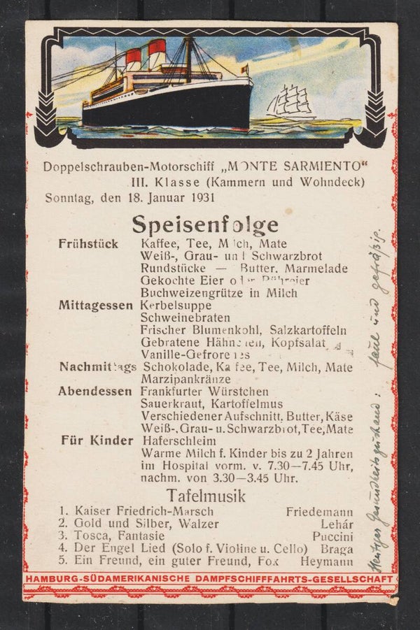 MiNr. 414 Postkarte, DEUTSCHE SCHIFFSPOST HAMBURG-SÜDAMERIKA 19.1.31 (b246)