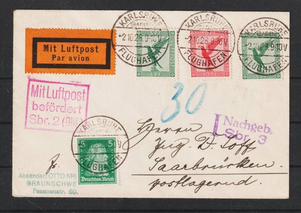 Luftpost-Brief,  Karlsruhe nach Saarbrücken 2.10.28  Portokontrolle / Nachgebühr  (b249)