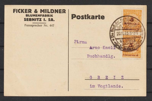 MiNr. 327 Mef portogerechte Postkarte 20.11.23  Ersttag PP25  (b251)