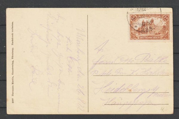 MiNr. 114 auf Ansichtskarte NÜRNBERG 26.8.22  (b264)