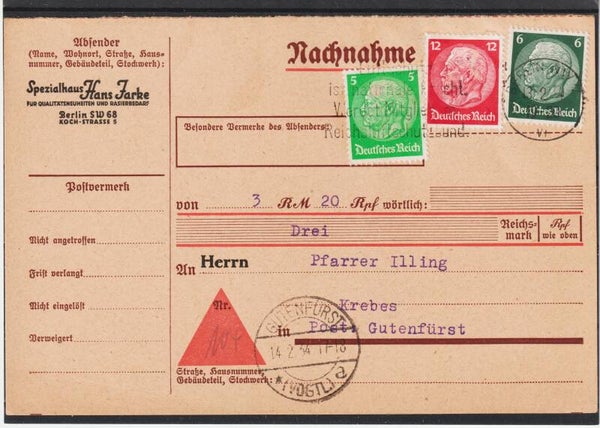 Nachnahme Beleg, MIF Hindenburg, Stempel Gutenfürst Vogtland !  (b269)