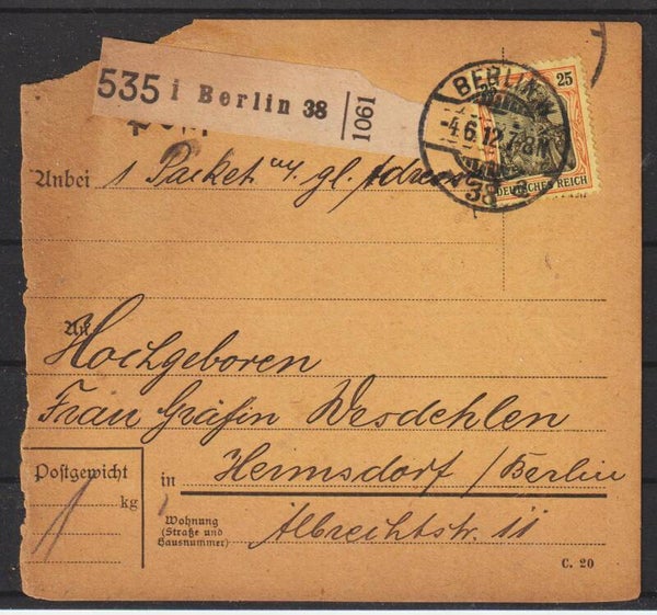 MiNr. 88 I EF auf Paket-Begleitkarte  (b277)