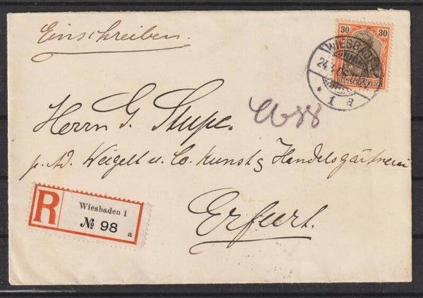 MiNr. 74 auf R-Brief von Wiesbaden nach Erfurt  (b283)